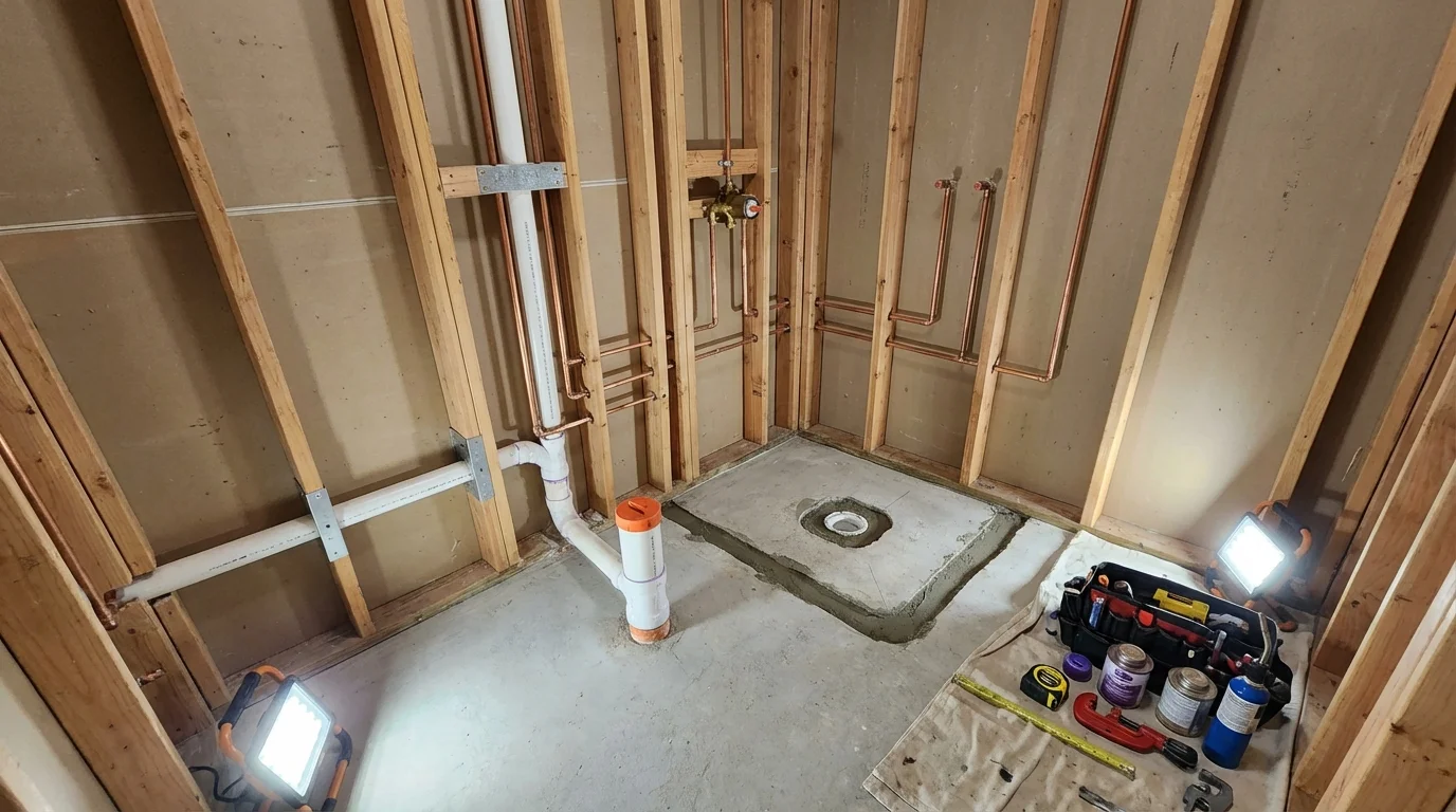 Bathroom rough-in plumbing during remodel by Johns Plumbing LLC in Paducah