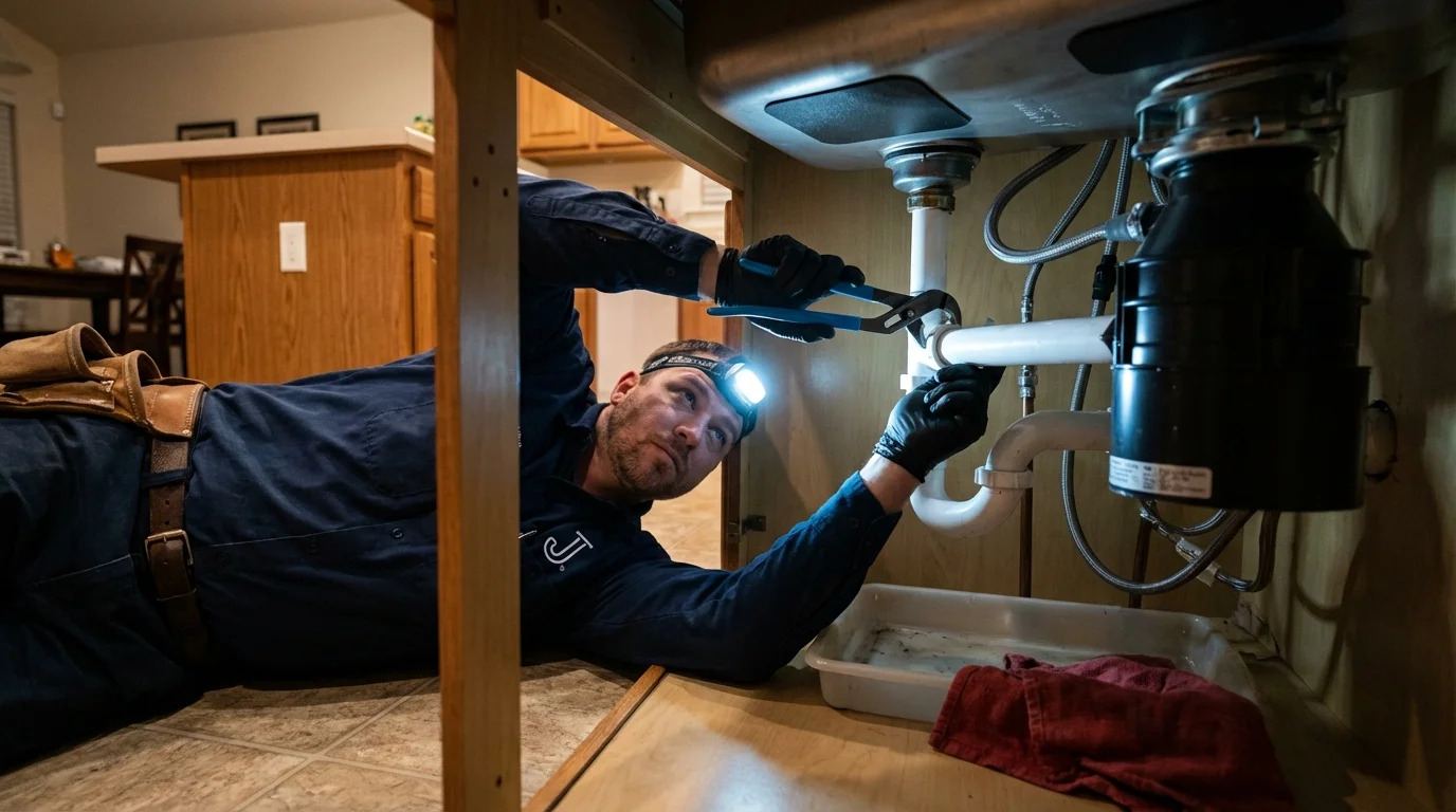 P-trap and supply line connections under a kitchen sink showing a common leak point in Paducah, KY